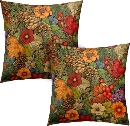 Fall Pillow Covers Autumn Leaf Throw Pillow Covers 18x18 Set of 2 Bohemian Floral Pillow Cases Thanksgiving Berry Pinecones Cushion Cases for Home Farmhouse Sofa Couch Patio