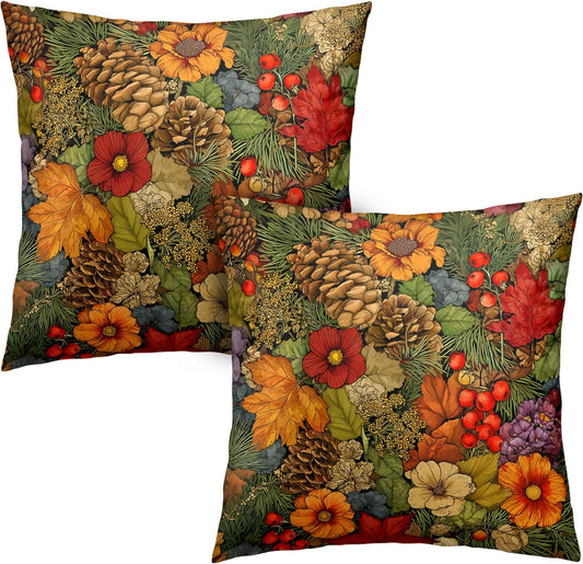 Fall Pillow Covers Autumn Leaf Throw Pillow Covers 18x18 Set of 2 Bohemian Floral Pillow Cases Thanksgiving Berry Pinecones Cushion Cases for Home Farmhouse Sofa Couch Patio
