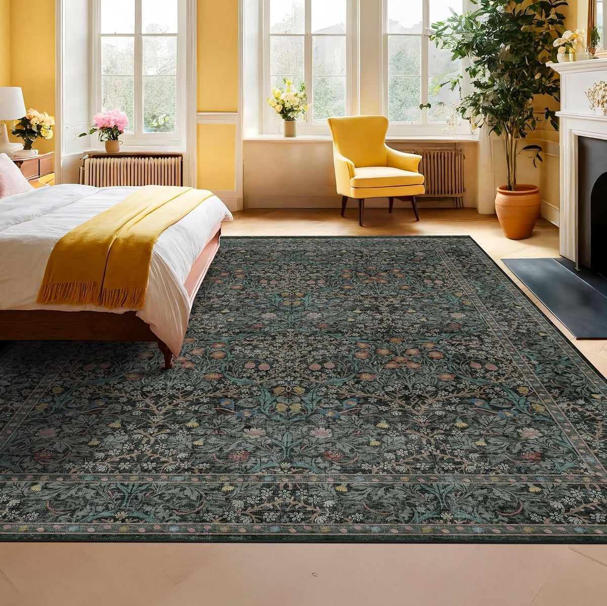 Floral Dark Green Washable Area Rugs 8x10, Vintage Living Room Rug