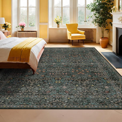 Floral Dark Green Washable Area Rugs 8x10, Vintage Living Room Rug