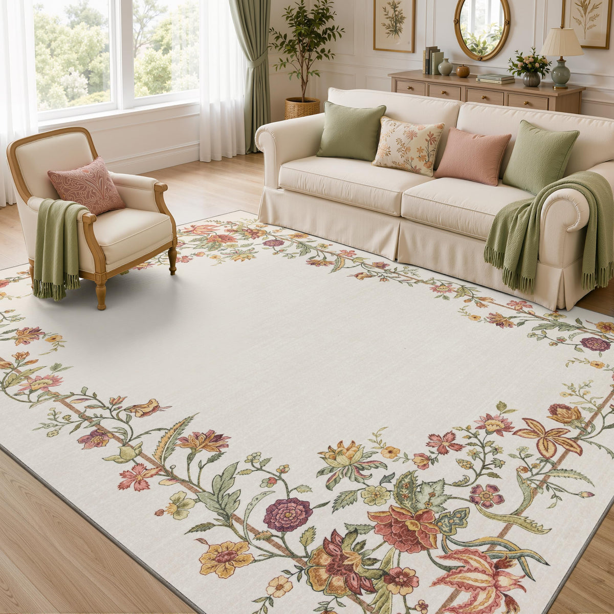JOLLYVOGUE Washable 8x10 Area Rug for Living Room, Vintage Floral, Beige