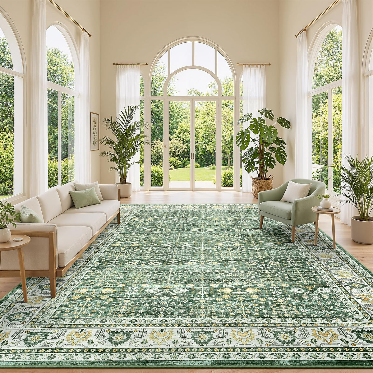 Lofus 9x12 Washable Area Rug for Living Room, Non-Slip Green Boho Carpet