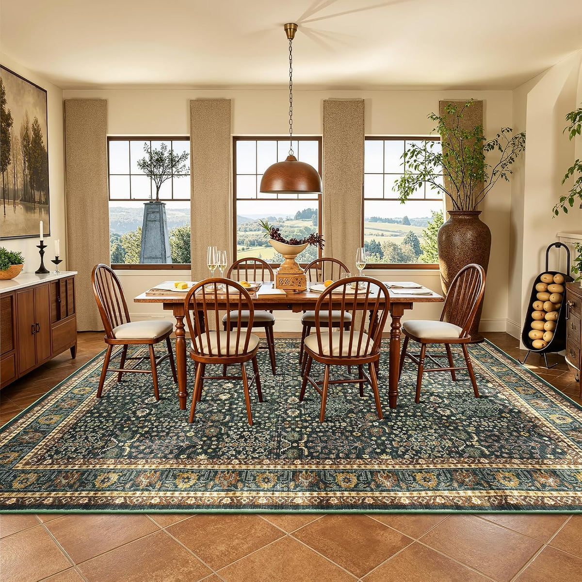 Lofus 9x12 Washable Area Rug for Living Room, Non-Slip Green Boho Carpet