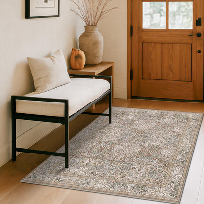 Floral Dark Green Washable Area Rugs 8x10, Vintage Living Room Rug