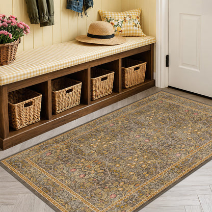Floral Dark Green Washable Area Rugs 8x10, Vintage Living Room Rug