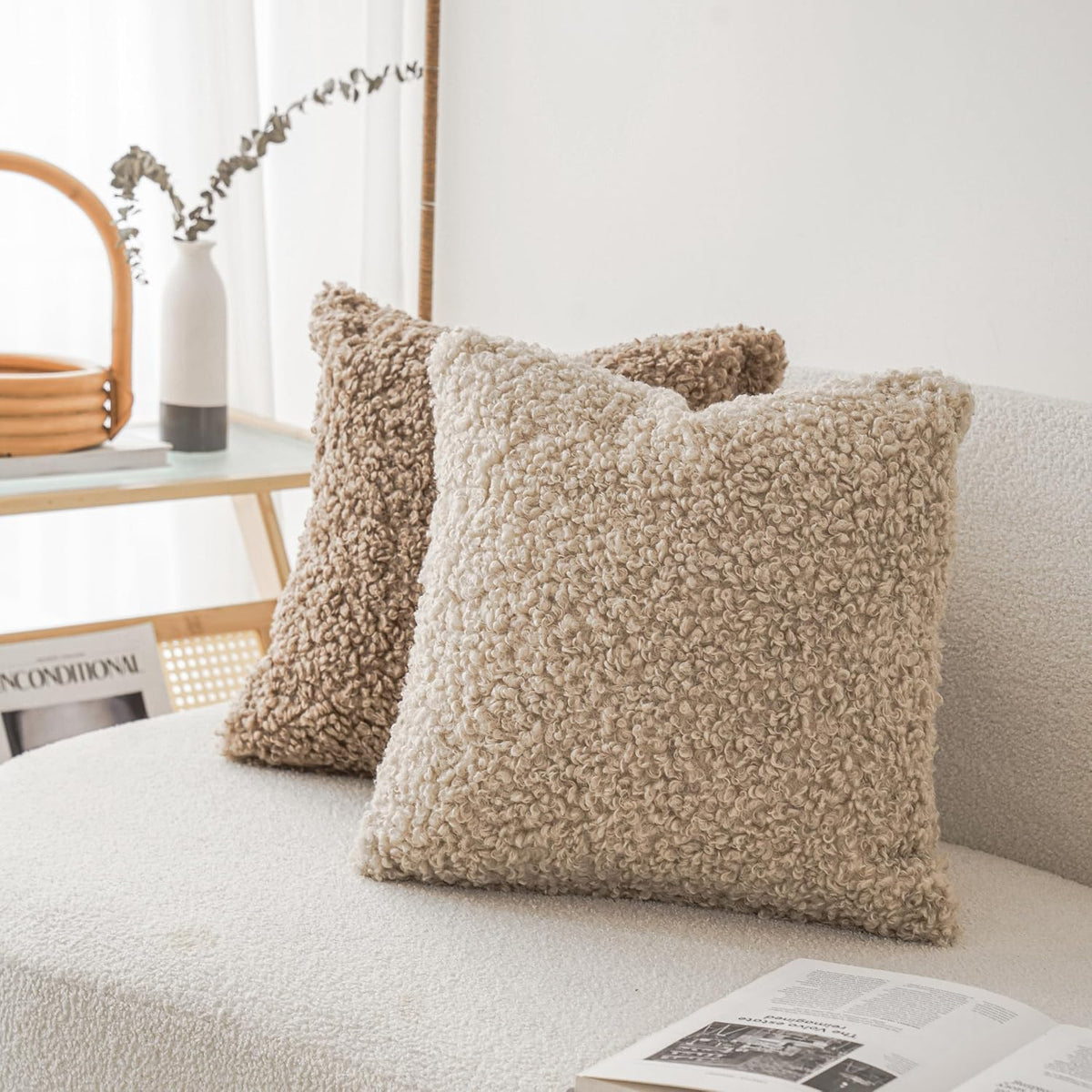 Foindtower Decorative Fuzzy Faux Fur Throw Pillow Covers 24x24 Inch Oatmeal