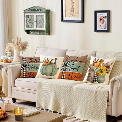 Fall Pillow Covers 18x18 Set of 4 Rustic Indoor Outdoor Decorations Fall Decor for Home Blue Throw Pillow Covers,Thankful Grateful Linen Autumn Cushion Case for Sofa Couch Chair Bedroom