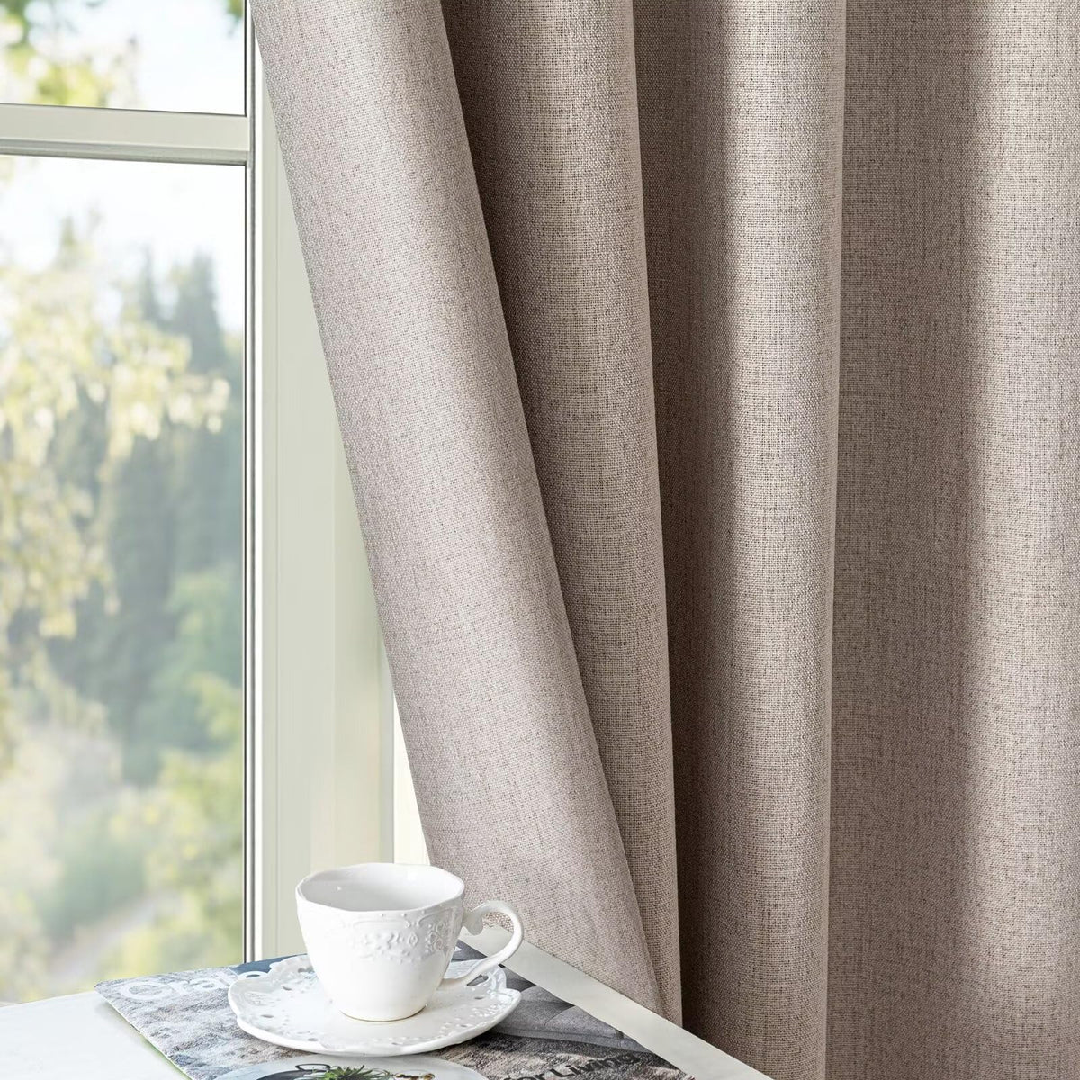 100% Blackout Curtains 84 inch Length Faux Linen (W52 x L84, Beige)