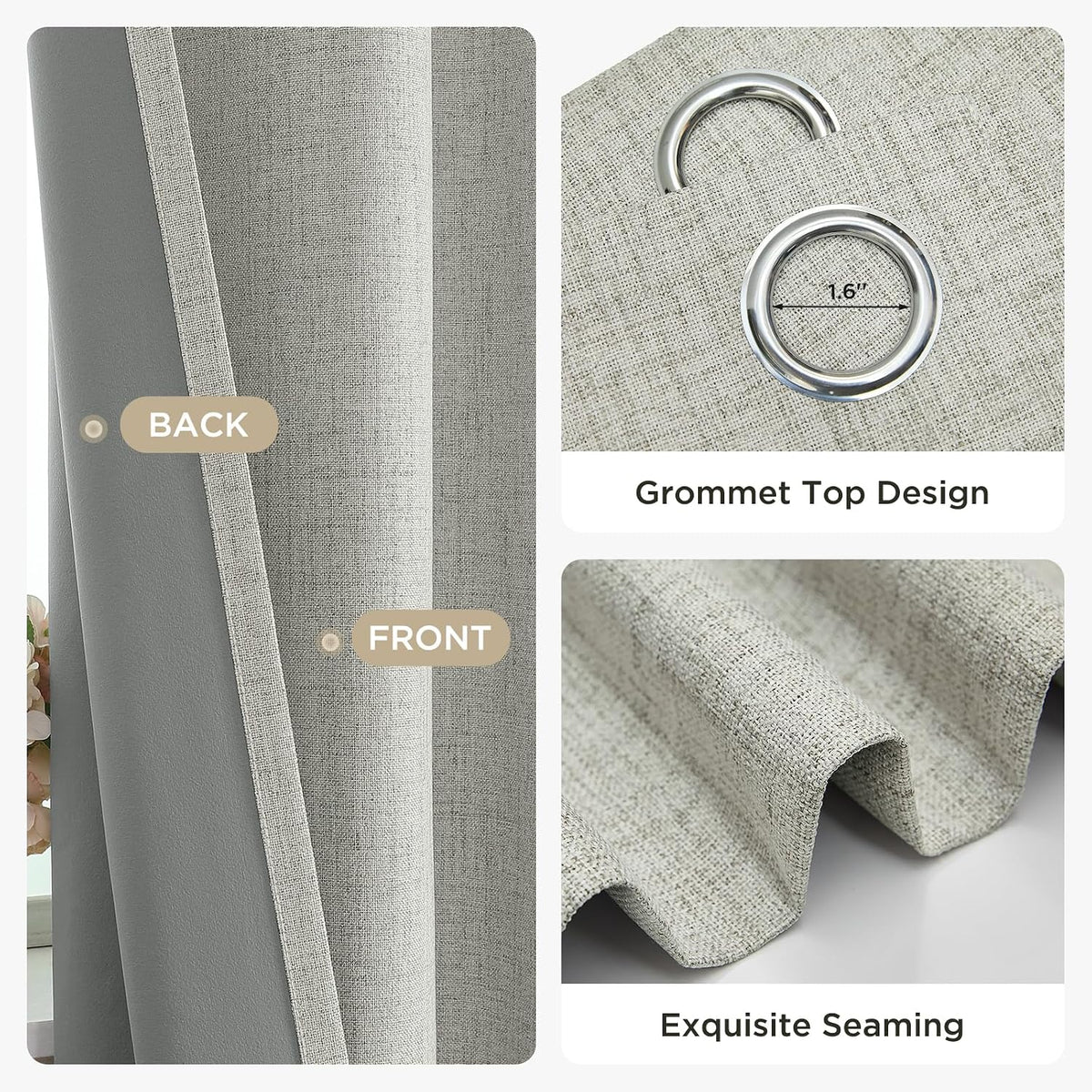 Joydeco 100% Blackout Curtains 63 Inch Length 2 Panels, Greyish White