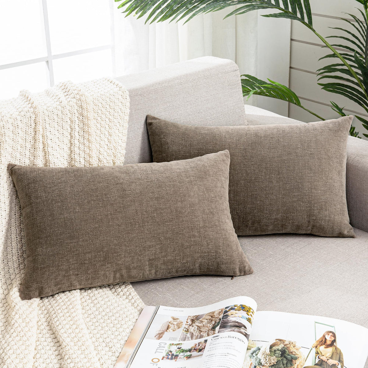 GAWAMAY Lumbar Support Pillow Decorative Rectangle Throw Pillow Covers 12"x20" Inch Set of 2, Soft Chenille Fall Pillowcase for Living Room Bedroom Sofa Couch Cushion Cover Grey 30x50cm (No Insert)