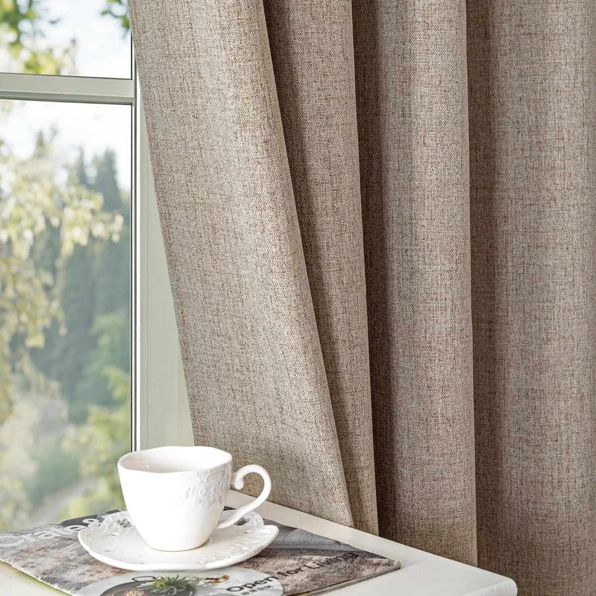100% Blackout Curtains 84 inch Length Faux Linen (W52 x L84, Beige)