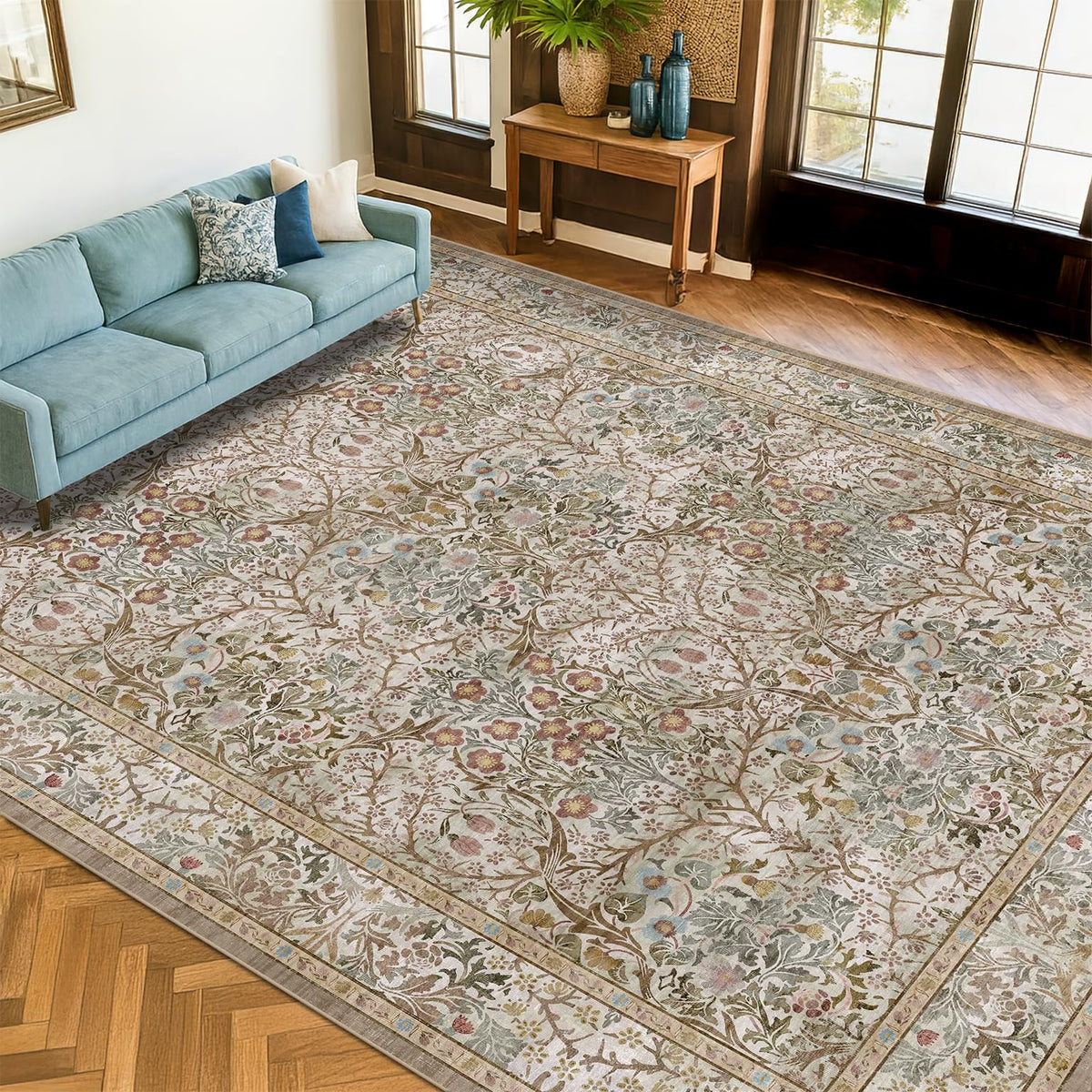 Floral Dark Green Washable Area Rugs 8x10, Vintage Living Room Rug