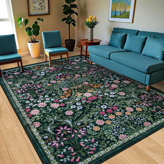 PLHXFR 8x10 Area Rug Living Room: Floral Washable Boho Carpet Dark Green