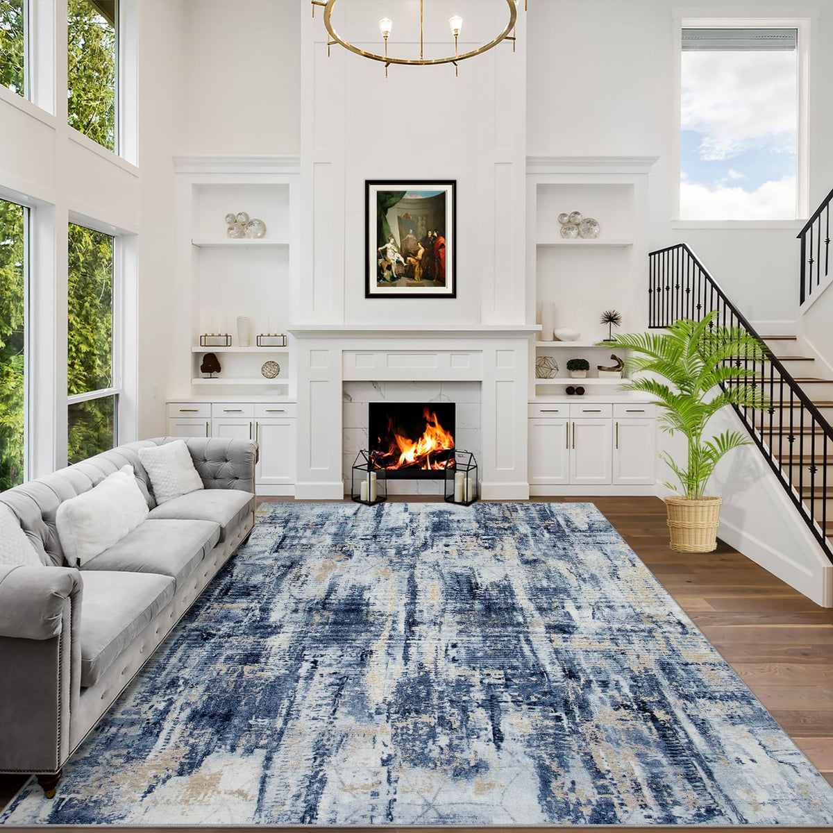 8x10 Area Rugs for Living Room: Washable Abstract Black Grey Gold Carpet