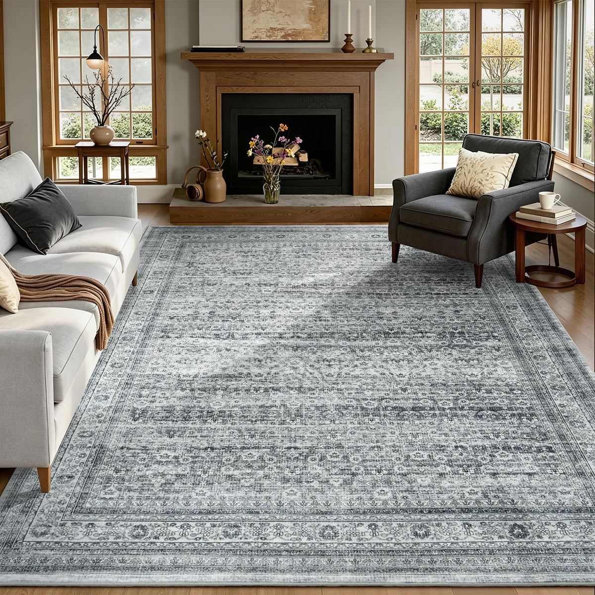 Sage Green 8x10 Area Rug for Living Room, Vintage Boho Large Carpet