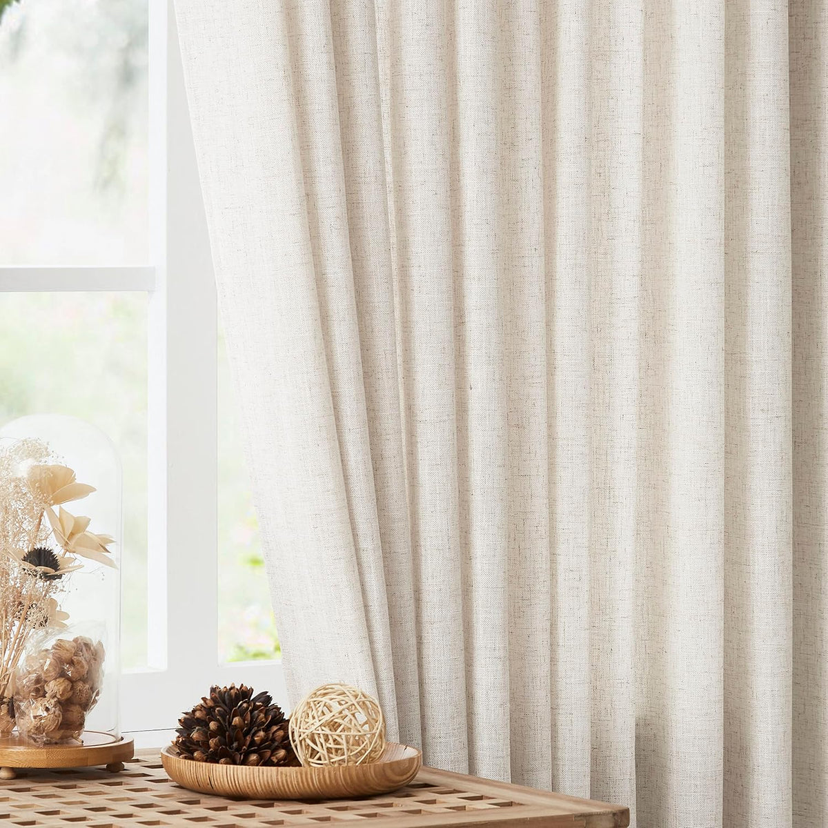 Vision Home Natural Linen Pinch Pleated Semi Sheer Curtains 42Wx90Lx2