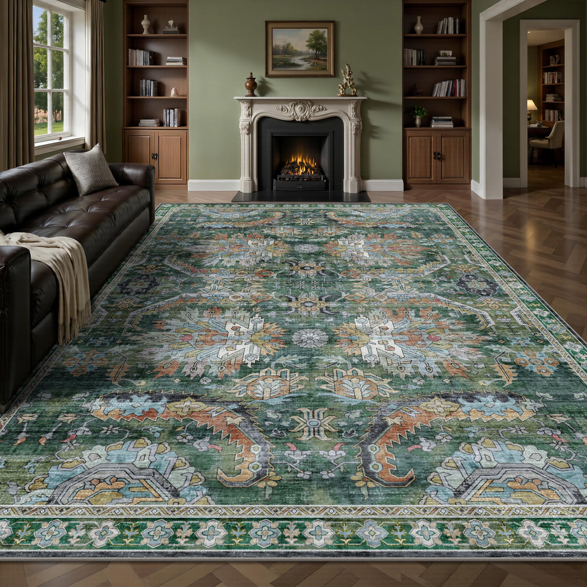 8x10 Area Rugs for Living Room - Washable Vintage Retro Large Rug, Soft Ultra Thin Non Slip Low Pile Traditional Distressed Boho Carpet for Bedroom Dining Room Home Office, Rust Clay