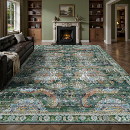 8x10 Area Rugs for Living Room - Washable Vintage Retro Large Rug, Soft Ultra Thin Non Slip Low Pile Traditional Distressed Boho Carpet for Bedroom Dining Room Home Office, Rust Clay