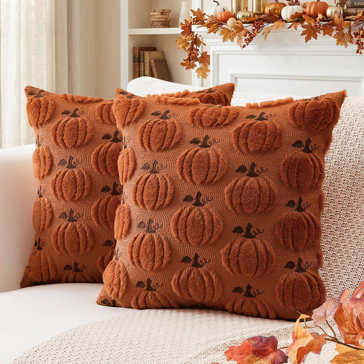 Artscope Fall Pumpkin Throw Pillow Covers 18x18 Set of 2, Autumn Soft Plush Faux Fur Decoration Cushion Covers for Thanksgiving Holiday Couch Sofa Bedroom Home Decor-Mustard Yellow