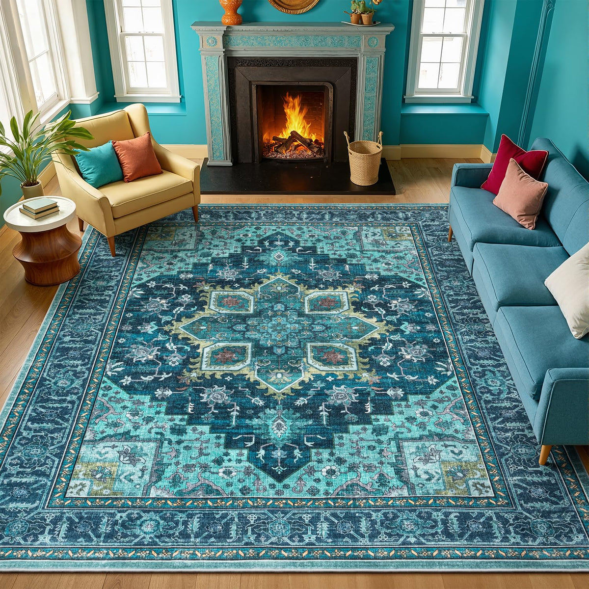 Sage Green 8x10 Area Rug for Living Room, Vintage Boho Large Carpet