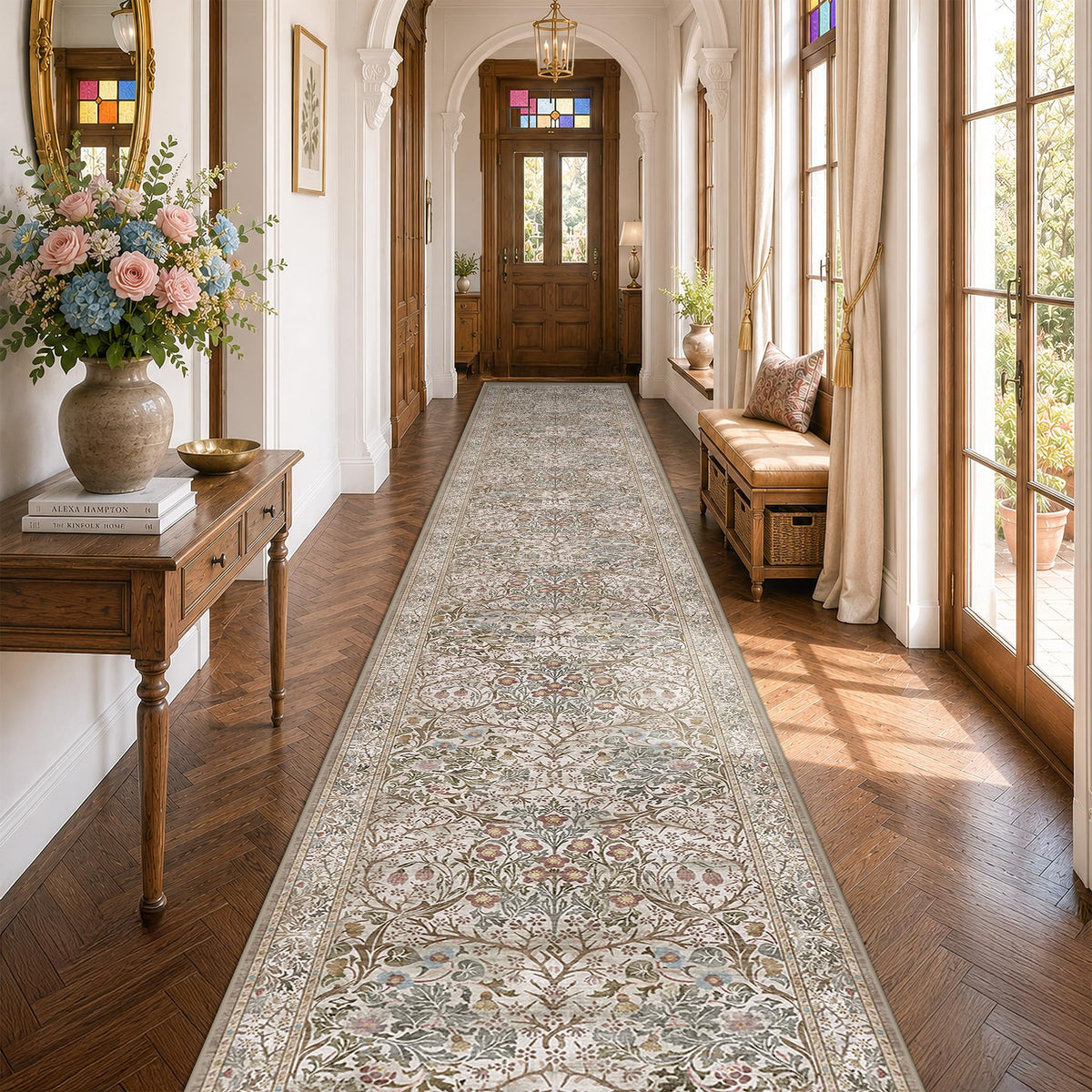 Floral Dark Green Washable Area Rugs 8x10, Vintage Living Room Rug