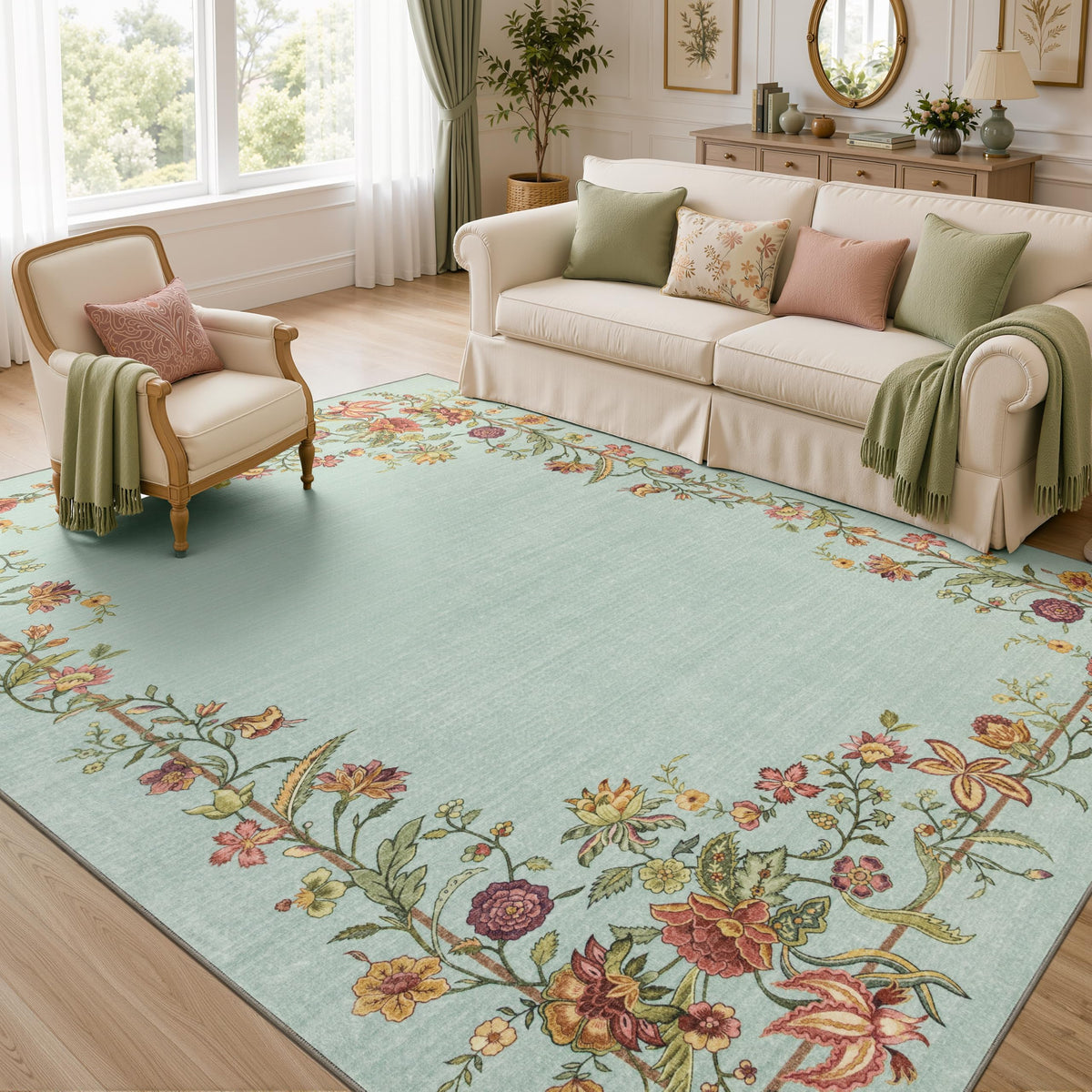 JOLLYVOGUE Washable 8x10 Area Rug for Living Room, Vintage Floral, Beige
