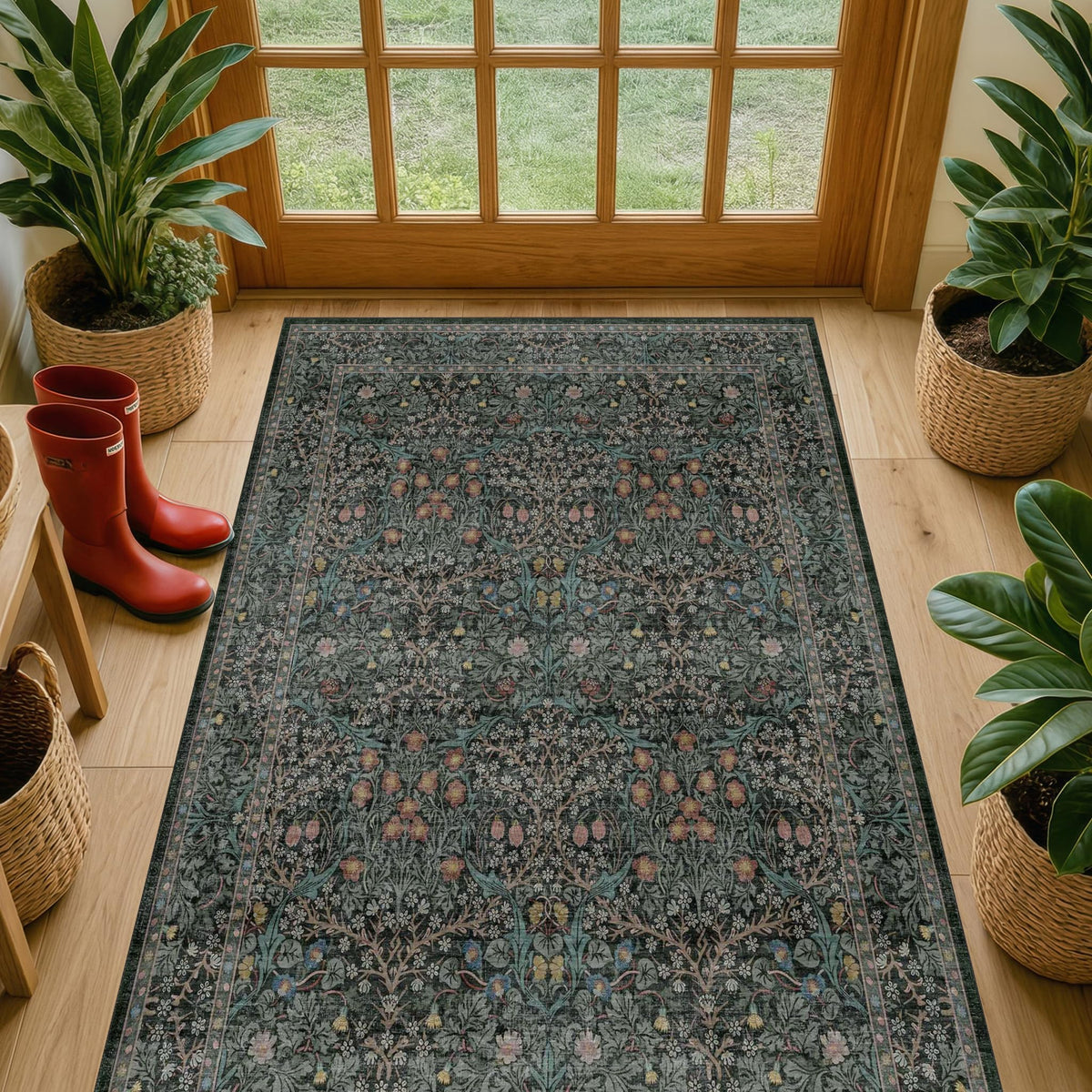 Floral Dark Green Washable Area Rugs 8x10, Vintage Living Room Rug