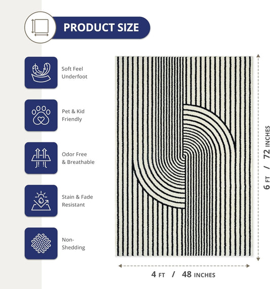 Abani Nuevo Collection Area Rug - Mid-Century Black and White Arch Knot Design - 4' x 6' - for Living Room, Bedroom & Office