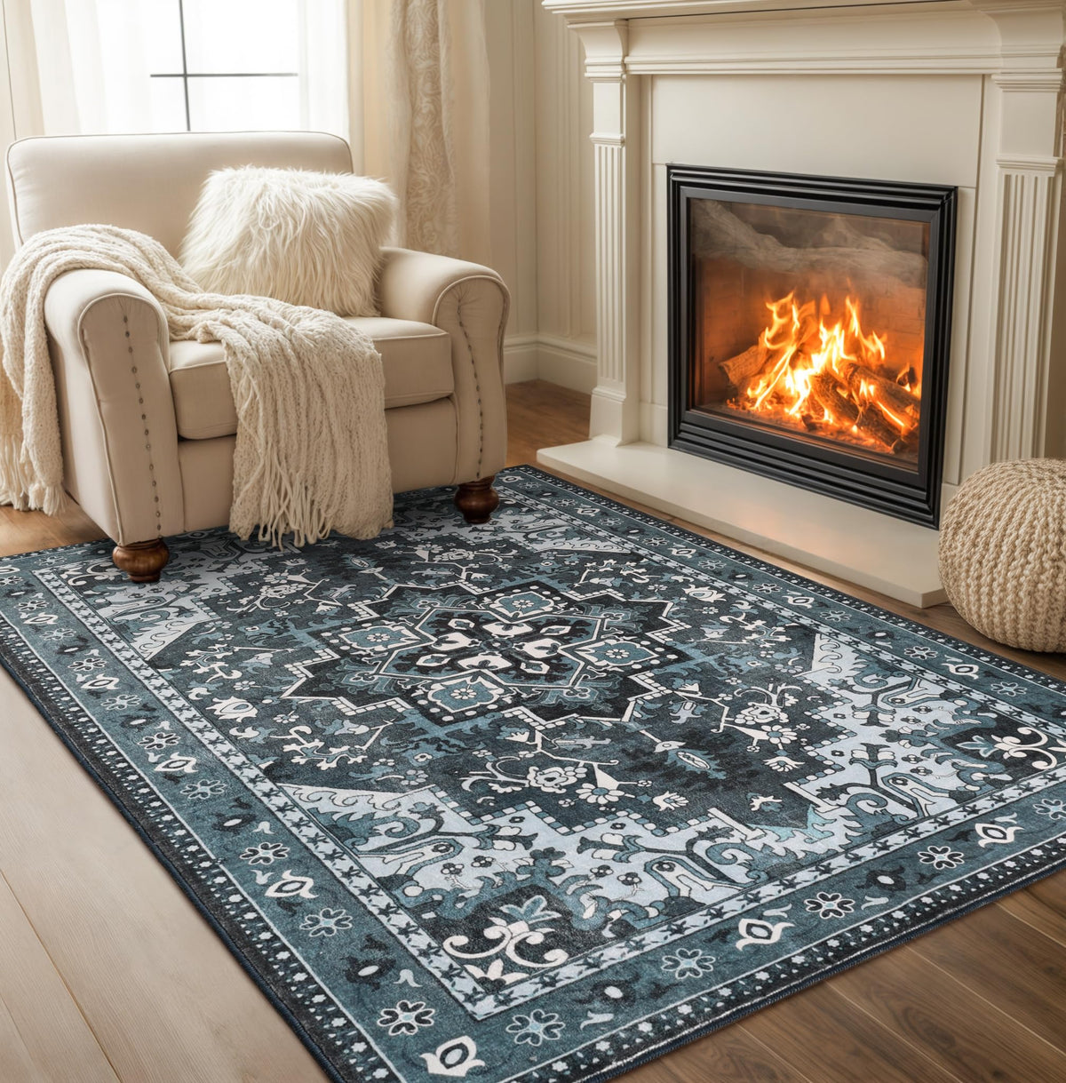 Rugflix 8x10 Area Rug for Living Room, Washable Navy Blue Dark Black Carpet