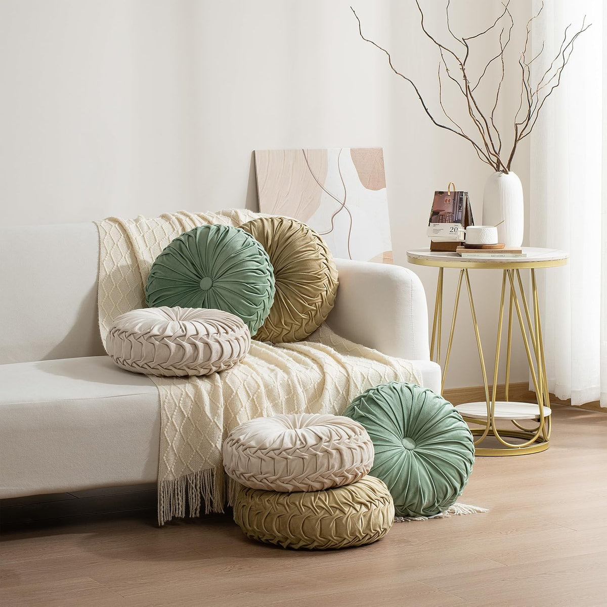HIG Set of 2 Beige Velvet Decorative Round Pleated Throw Pillows