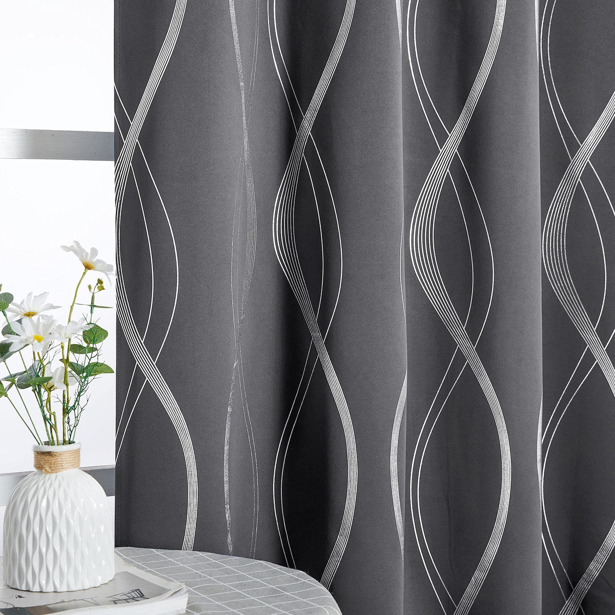 NICETOWN Grey Blackout Striped Pattern Curtains for Living Room, 52 x 84