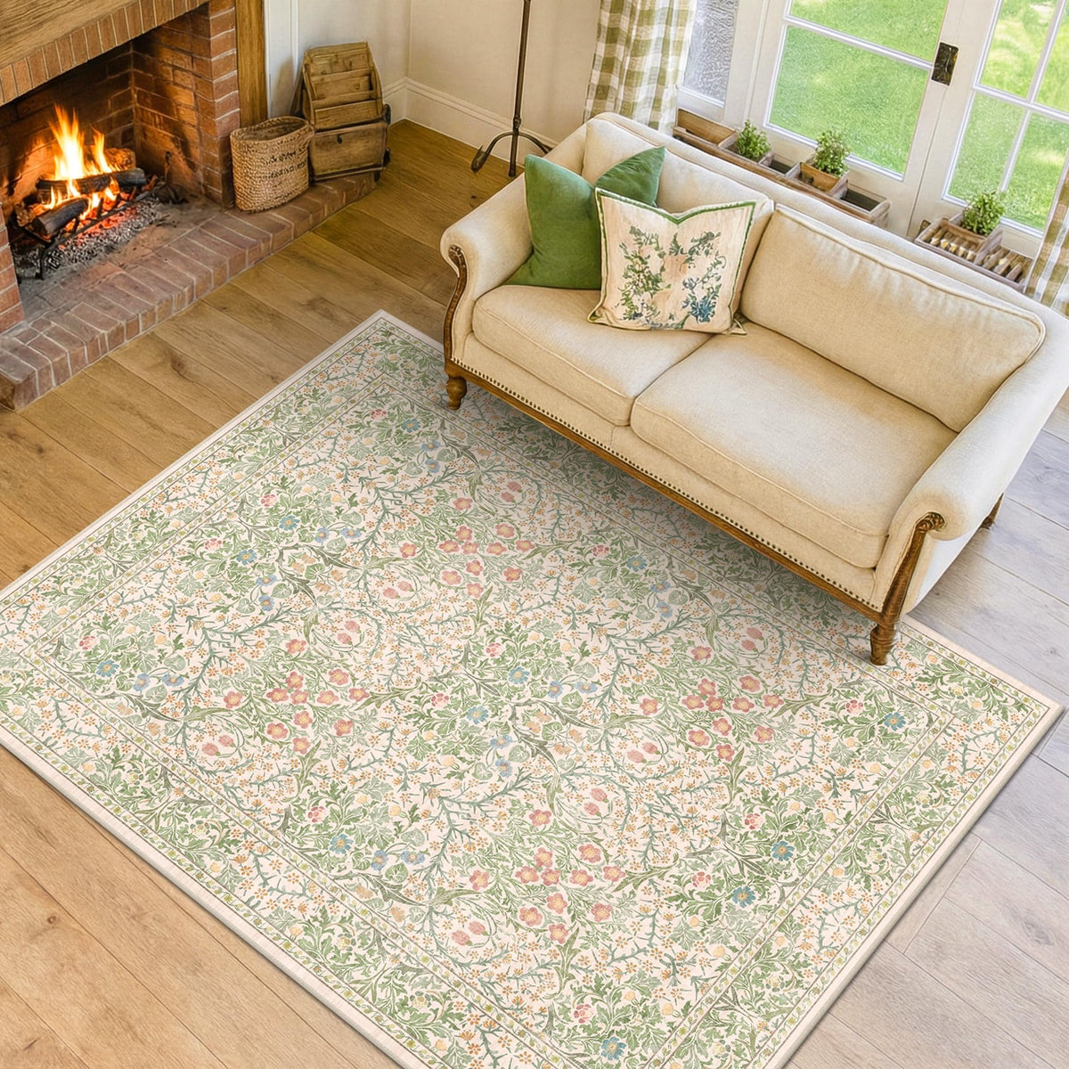 Floral Dark Green Washable Area Rugs 8x10, Vintage Living Room Rug
