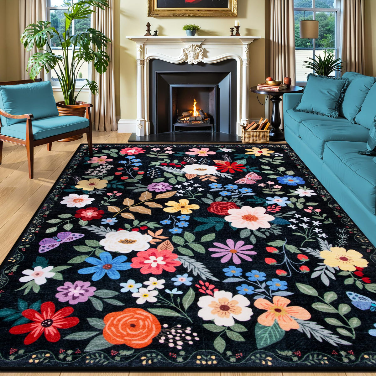 PLHXFR 8x10 Area Rug Living Room: Floral Washable Boho Carpet Dark Green