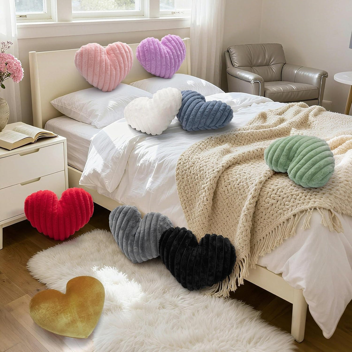 16 Inch White Heart Pillow Cute Fluffy Decorative Throw Pillows for Bed