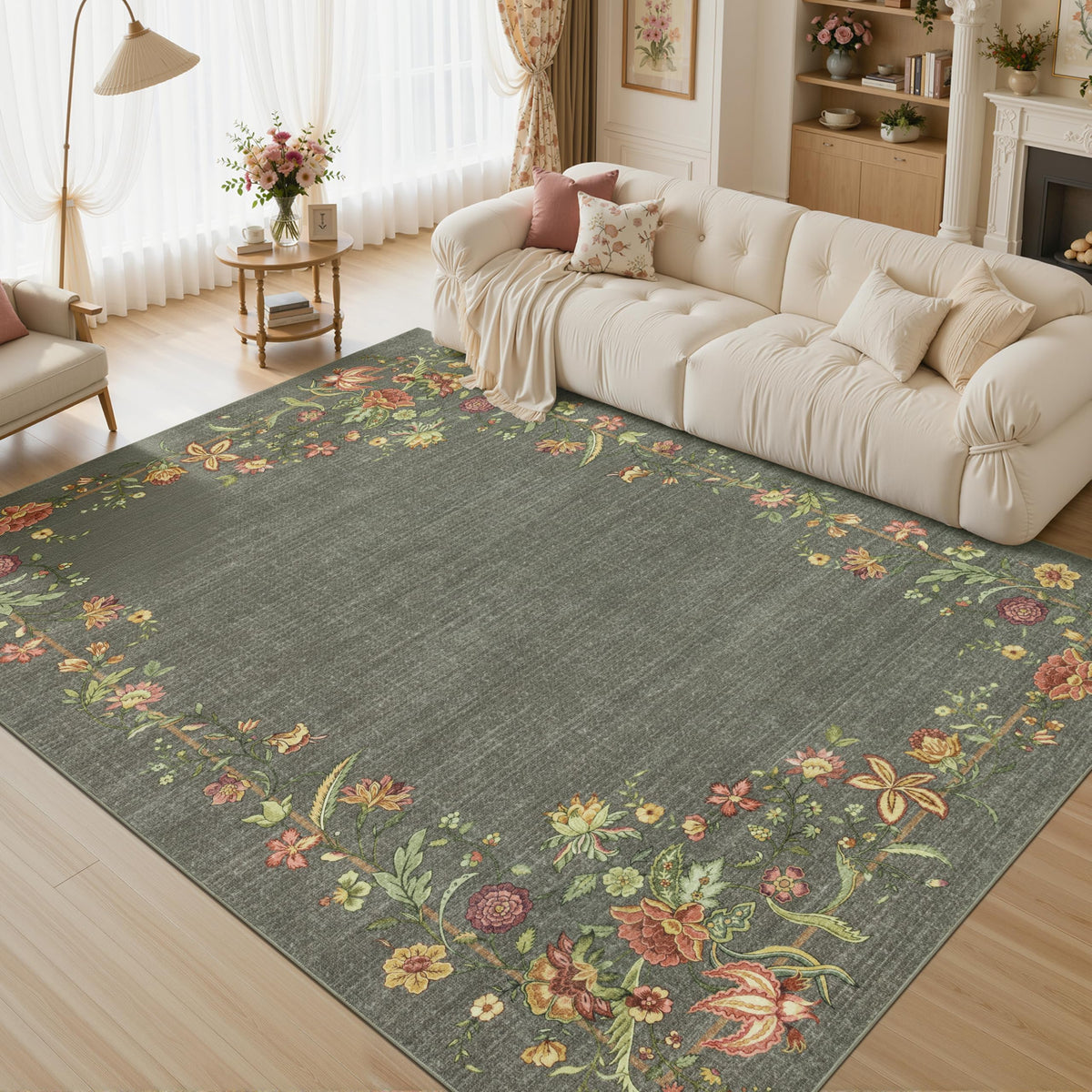 JOLLYVOGUE Washable 8x10 Area Rug for Living Room, Vintage Floral, Beige