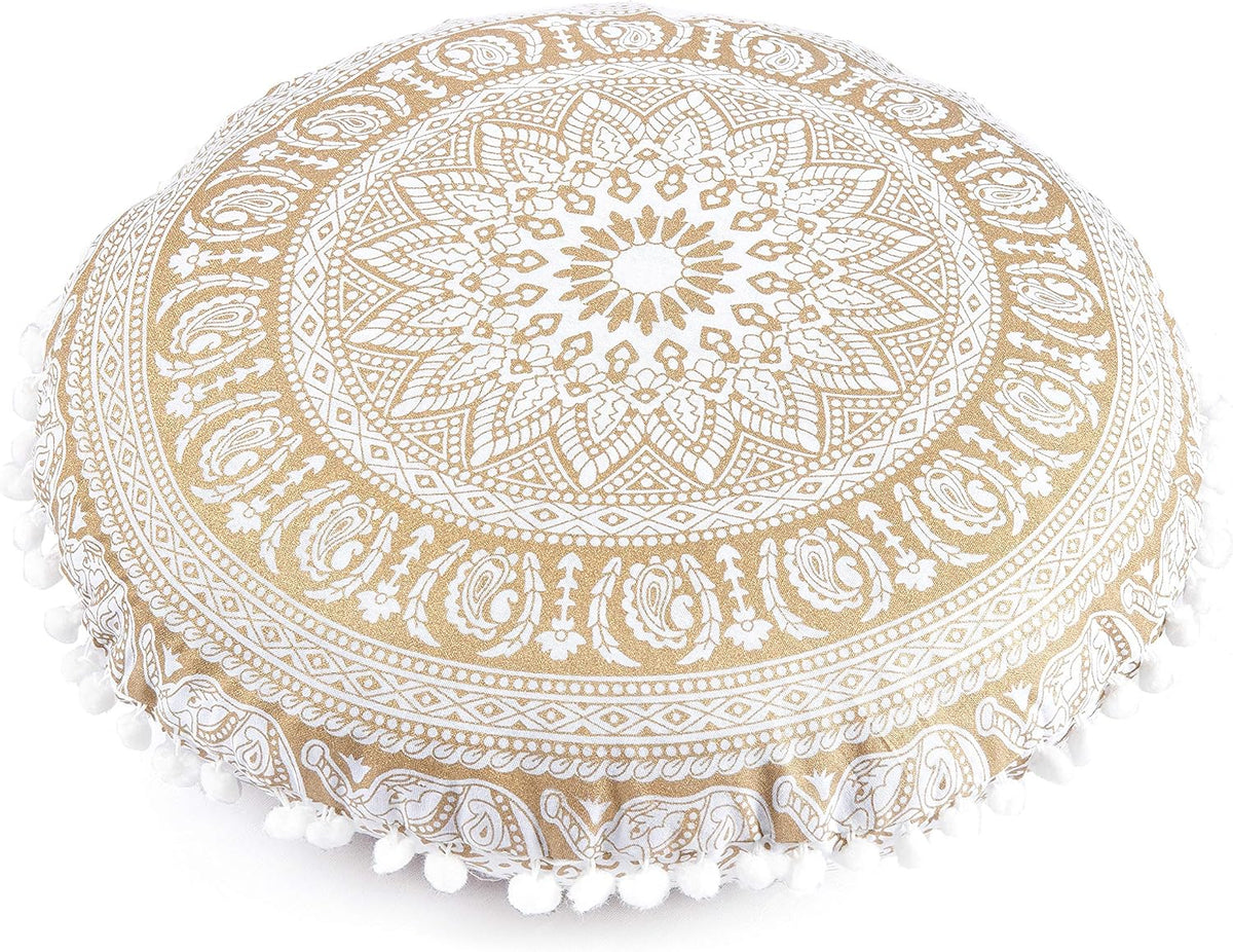 Popular Handicrafts Floor Pillow Cushion Cover - Hippie Elephant Mandala Cushion Cover Large Cotton - Pouf Cover Round Bohemian Yoga Decor, 18" White Gold