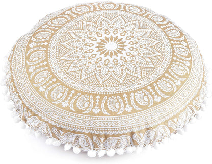 Popular Handicrafts Floor Pillow Cushion Cover - Hippie Elephant Mandala Cushion Cover Large Cotton - Pouf Cover Round Bohemian Yoga Decor, 18" White Gold