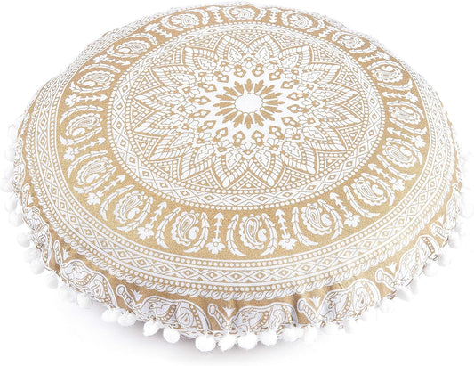 Popular Handicrafts Floor Pillow Cushion Cover - Hippie Elephant Mandala Cushion Cover Large Cotton - Pouf Cover Round Bohemian Yoga Decor, 18" White Gold