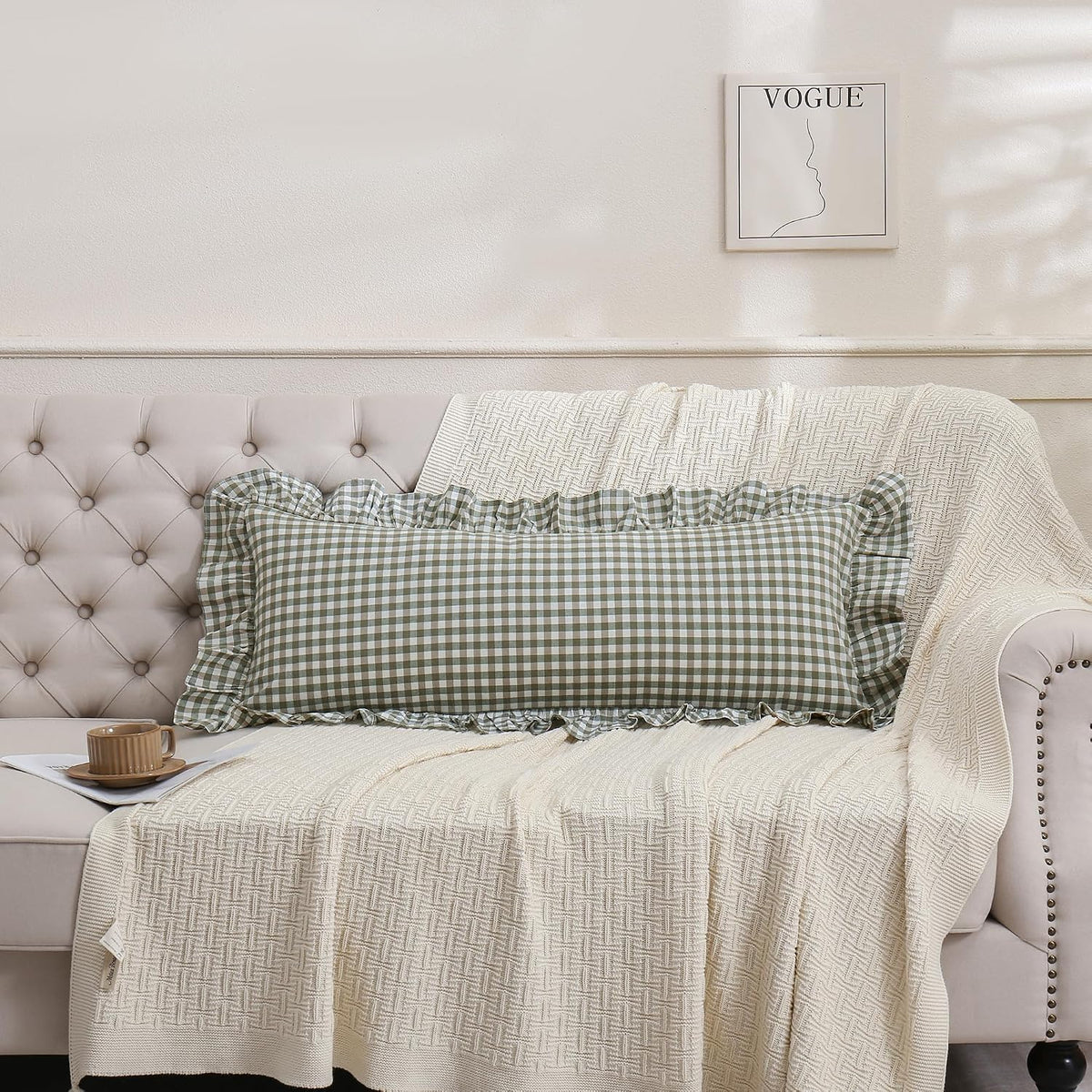 14x36 inches Sage Green Plaid Ruffle Lumbar Pillow Sham 1 Piece