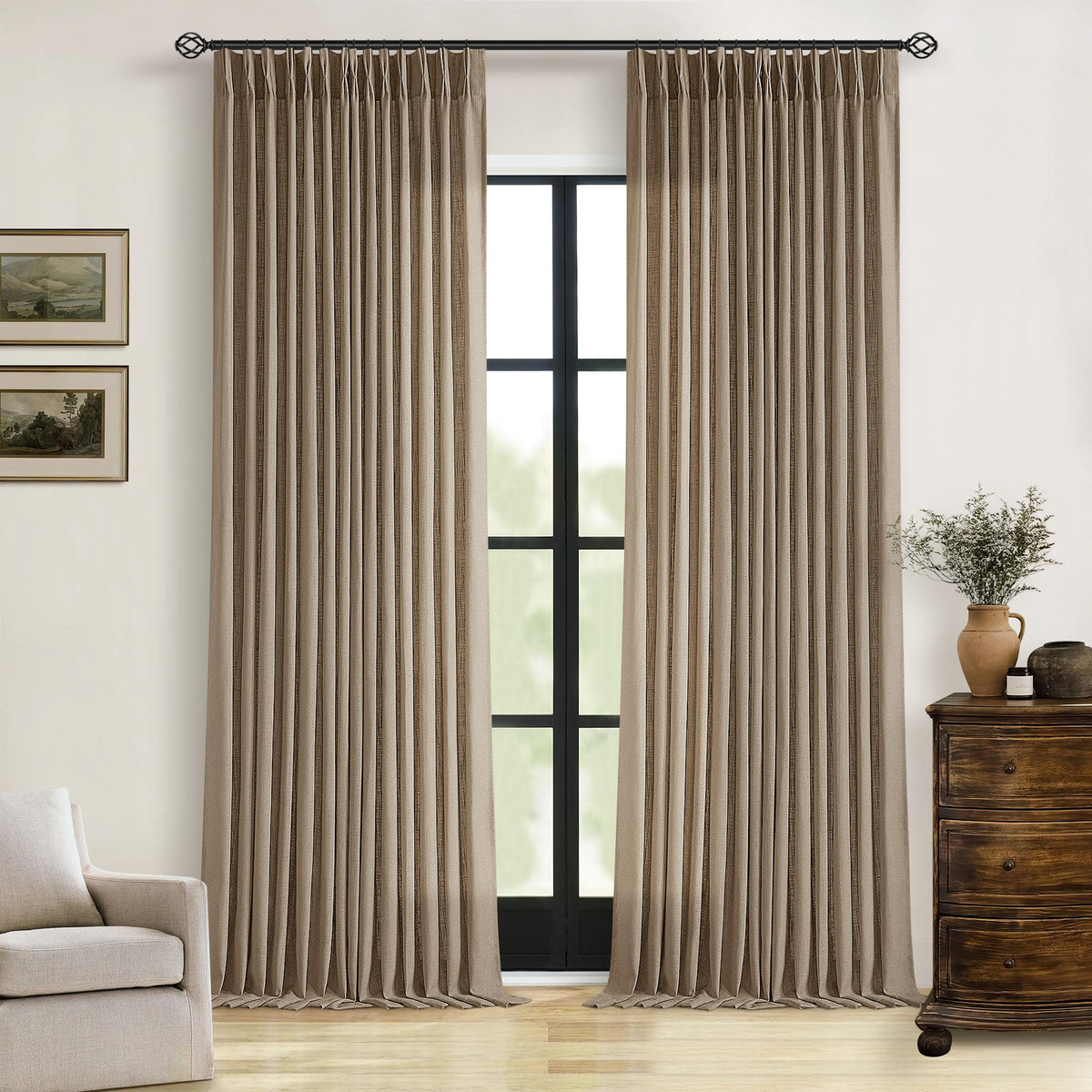 TWODRAPES Natural Pinch Pleated Linen Semi Sheer 84 Inch Curtains 2 Panels