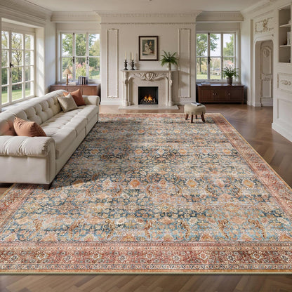 8x10 Area Rugs for Living Room - Washable Vintage Retro Large Rug, Soft Ultra Thin Non Slip Low Pile Traditional Distressed Boho Carpet for Bedroom Dining Room Home Office, Rust Clay