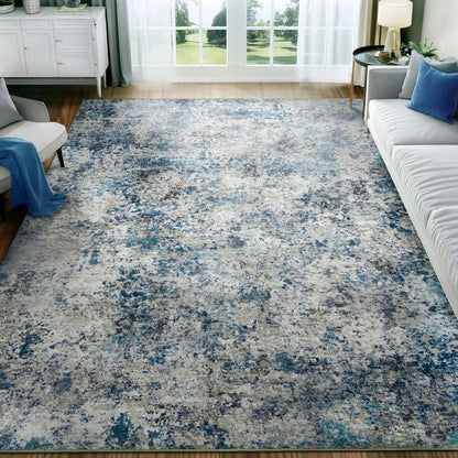 Washable Area Rug for Living Room: 9x12 Modern Abstract Neutral Soft Rug for Bedroom Dining Room No Slip Low Pile Carpet for Nursery Home Office - Grey/Blue