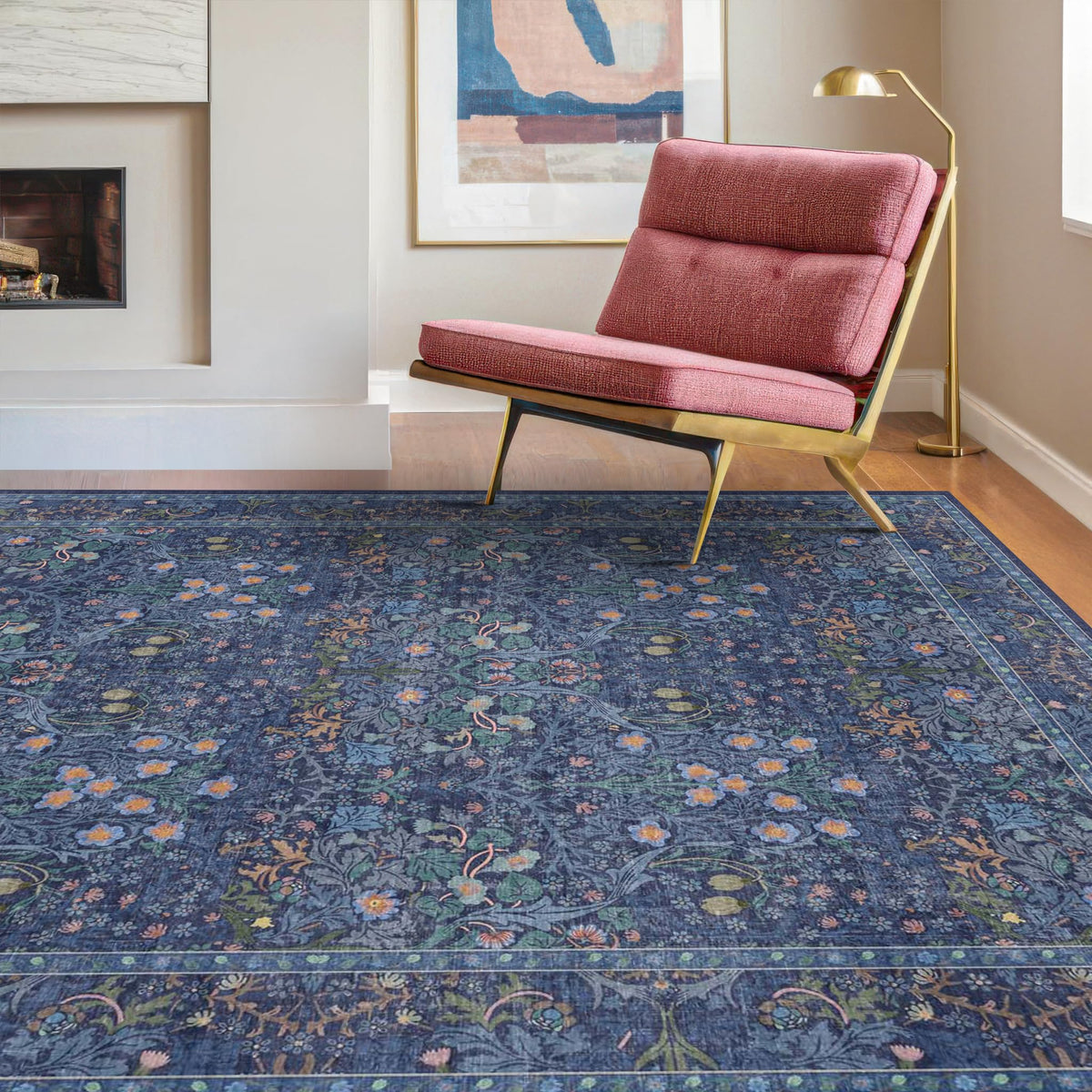 Floral Dark Green Washable Area Rugs 8x10, Vintage Living Room Rug