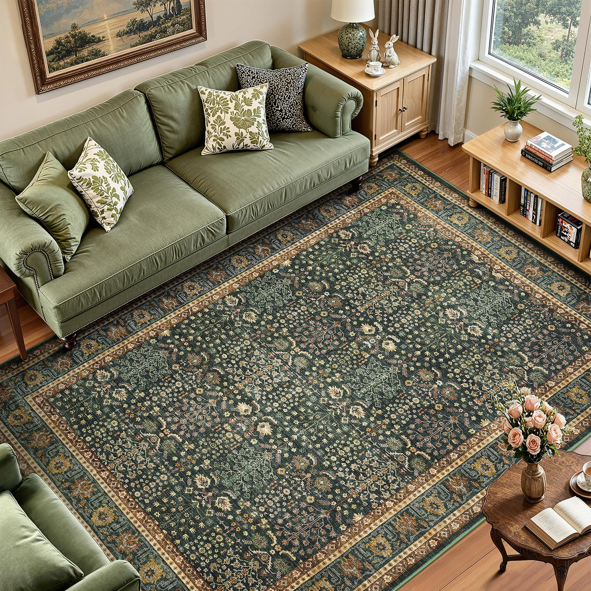 Lofus 9x12 Washable Area Rug for Living Room, Non-Slip Green Boho Carpet