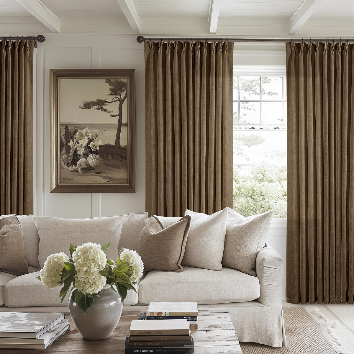TWODRAPES Natural Pinch Pleated Linen Semi Sheer 84 Inch Curtains 2 Panels