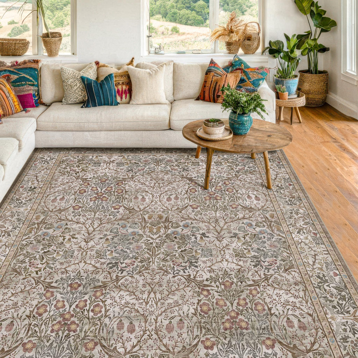 Floral Dark Green Washable Area Rugs 8x10, Vintage Living Room Rug