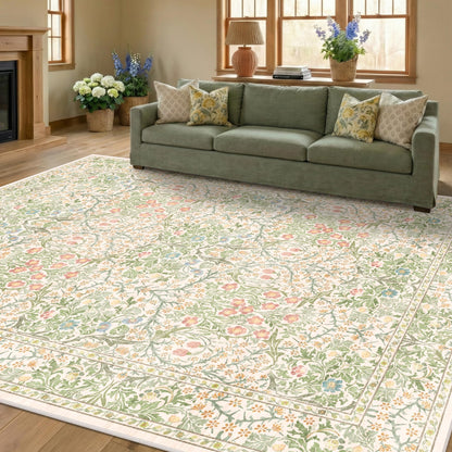 Floral Dark Green Washable Area Rugs 8x10, Vintage Living Room Rug