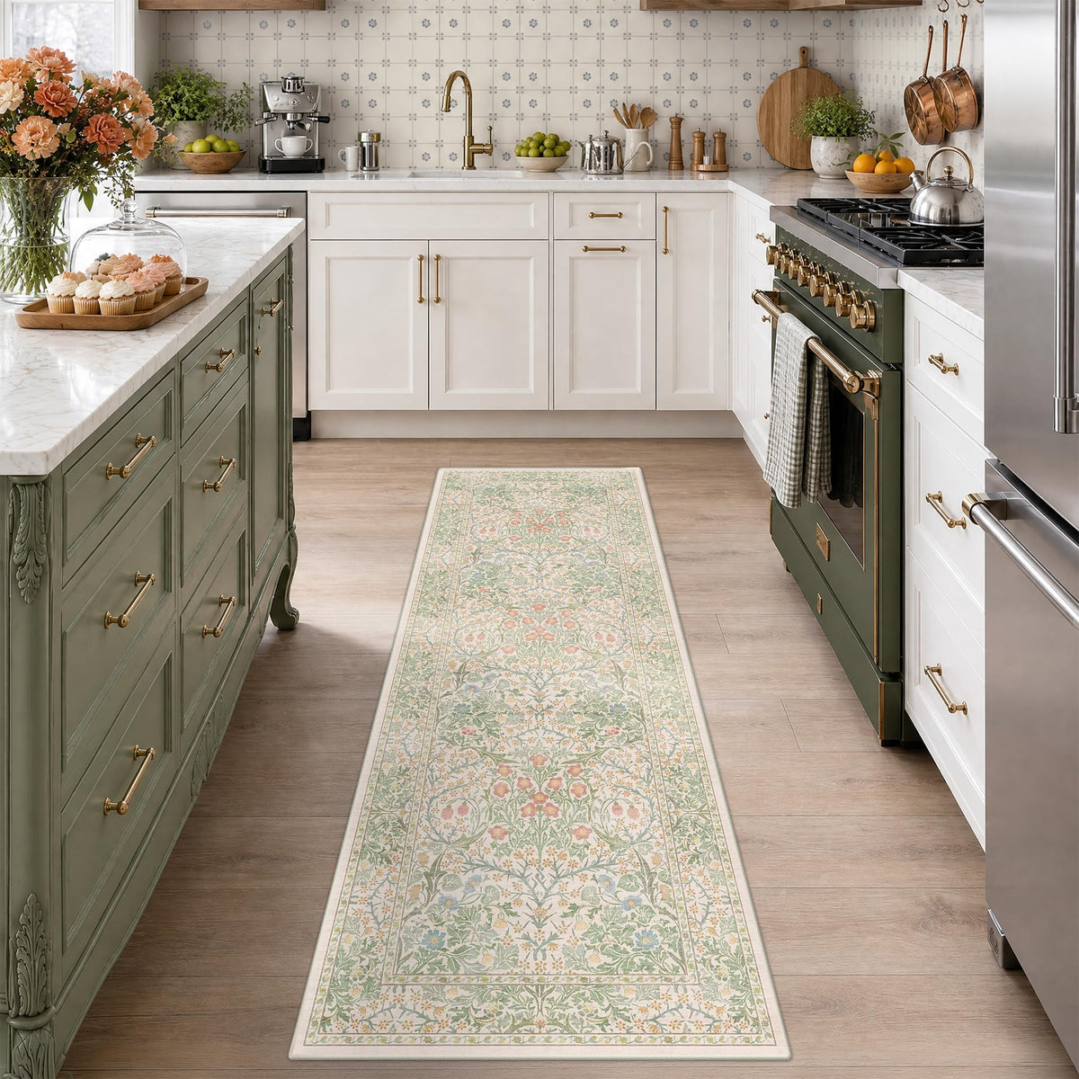 Floral Dark Green Washable Area Rugs 8x10, Vintage Living Room Rug