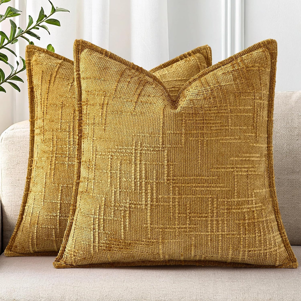 decorUhome Chenille Fall Throw Pillow Covers 18x18 Set of 2, Mustard Yellow