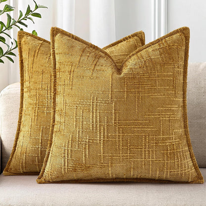 decorUhome Chenille Fall Throw Pillow Covers 18x18 Set of 2, Mustard Yellow